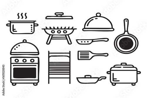Various kitchen cooking utensils and appliances with a simple line art style pots