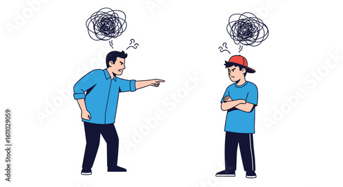 Two people arguing with confused thoughts above their heads showing disagreement and conflict
