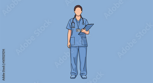 Professional medical practitioner standing confidently with clipboard and stethoscope ready to provide excellent patient care services