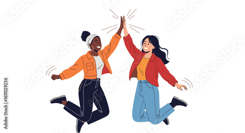 Two diverse women jumping and giving each other a high five celebrating success achievement and teamwork a joyful moment of connection and friendship