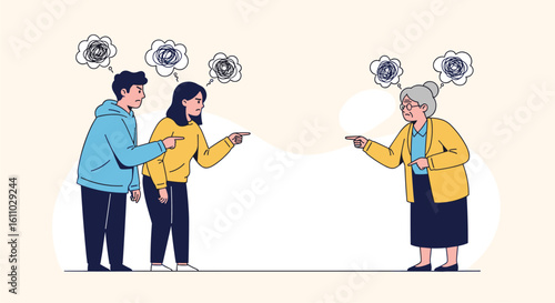 Intergenerational conflict between young adults and elderly person discussing technology use and social media engagement