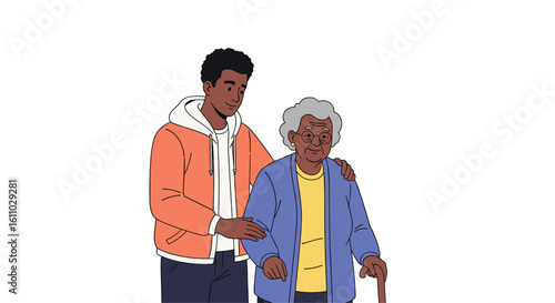 Young man gently assisting an elderly woman with a cane as they walk together