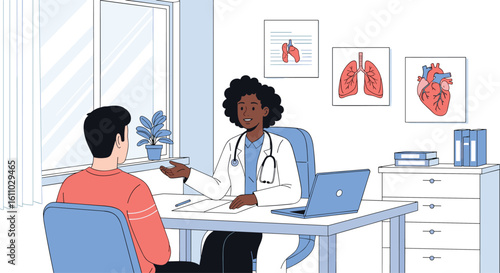 Doctor discussing medical results with a patient in a clinic exam room displaying anatomical charts and a laptop