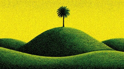 Foto auf Acrylglas Gelb A single palm tree stands atop a rolling, verdant hill against a vibrant yellow sky, rendered in a stippled texture  © abin