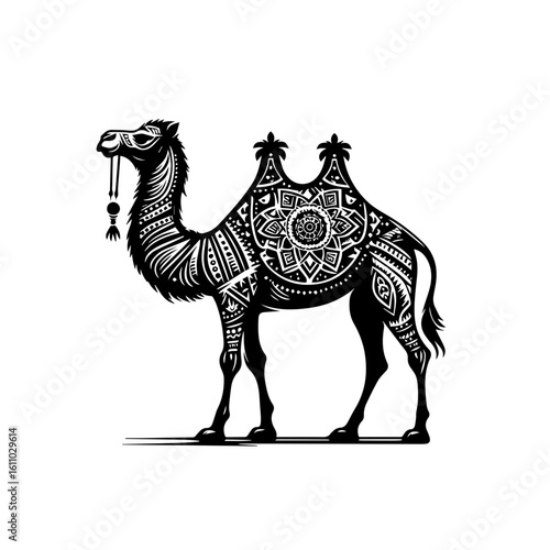 Ornate camel illustration with tribal patterns