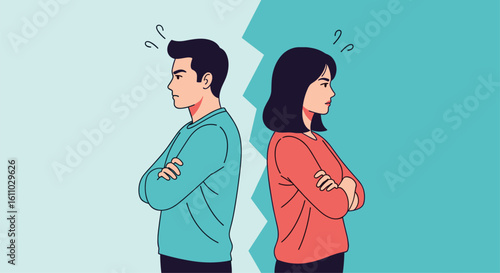 Relationship conflict and communication breakdown between a man and woman separated by a blue split