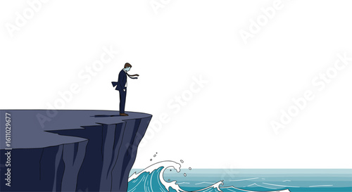 A lone figure in a dark suit stands poised at the edge of a rocky cliff overlooking a turbulent sea