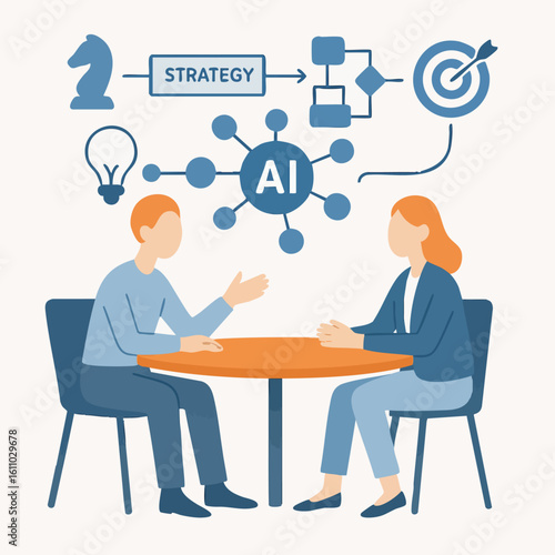 Flat Illustration Two People Discussing AI Strategy at Round Table