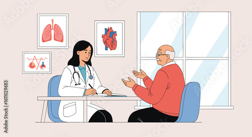 Patient consultation with medical professional discussing health and well-being in a modern clinic setting
