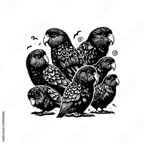 A flock of native new zealand parrots