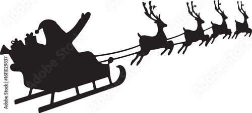 Santa Claus Sleigh Silhouette Vector – Reindeer-Pulled Christmas Scene with Gifts.
