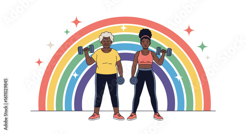 Two people holding dumbbells in front of a rainbow exercising and staying fit together
