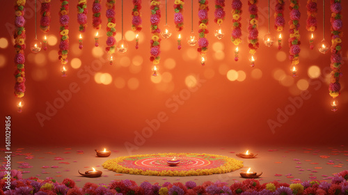 Navaratri Decoration Banner, hanging toran with flowers, diya lights, and rangoli on floor