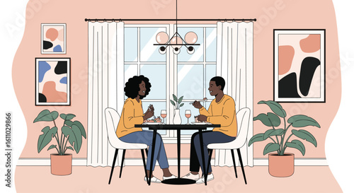 A couple enjoying a romantic dinner date in a cozy dining room with plants and artwork