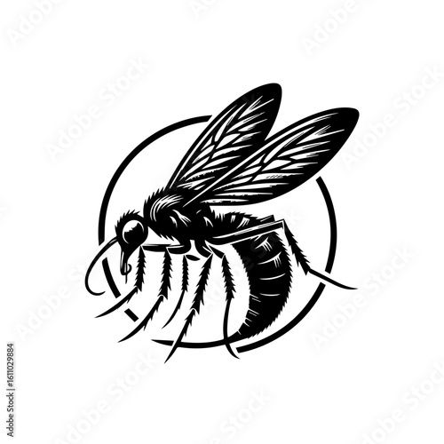 Black and white wasp illustration in a circle