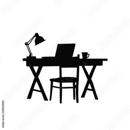 Desk lamp laptop chair and mug silhouette vector