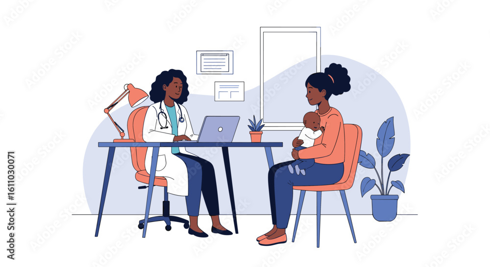Illustration of a doctor consulting with a mother and her baby during a medical appointment Illustration of a doctor consulting with a mother and her baby during a medical appointment