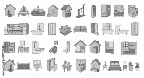 Black and white sketch of interior furniture, equipment and design elements collection