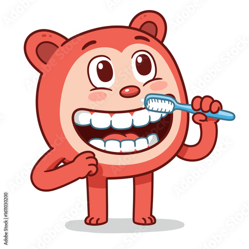 Cartoon bear brushing teeth with blue toothbrush smiling widely with visible teeth