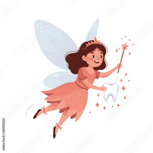 A cartoon tooth fairy with wings and a crown holds a tooth and a magic wand surrounded by sparkles
