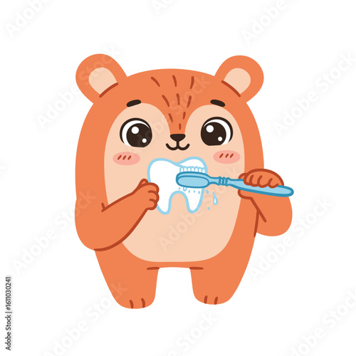 An orange cartoon bear brushes a large white tooth with a blue toothbrush smiling