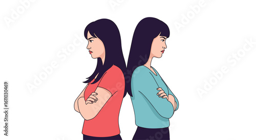 Two young women standing back to back arms crossed looking away from each other in disagreement