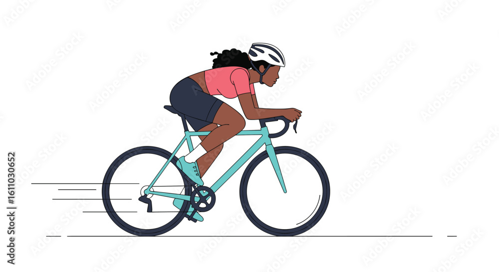 Naklejka premium Athletic woman in cycling gear riding a bicycle fast on a road with a white background and motion blur effect