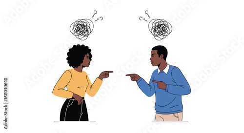 Understanding miscommunication and conflict resolution between two individuals expressing frustration through gestures and thought bubbles