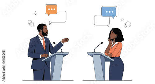 Political candidates engaging in a public debate with each other at lecterns representing their views