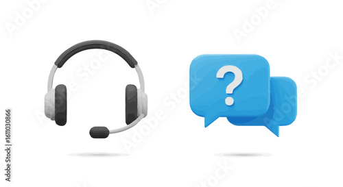 Customer support assistance concept with headphones and question marks icon