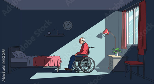 An elderly man in a wheelchair sits alone in a dimly lit room bathed in a single shaft of sunlight coming through the window near his bed and desk