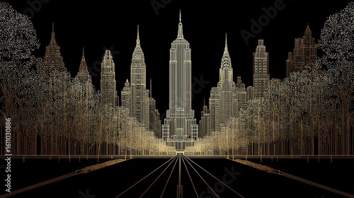 A stylized, line-art New York City skyline