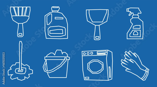 Minimal White Line Cleaning Elements Icon Set in Cutout Style