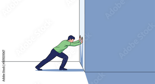 Man pushing against a solid wall demonstrating effort and resistance in a clear visual metaphor