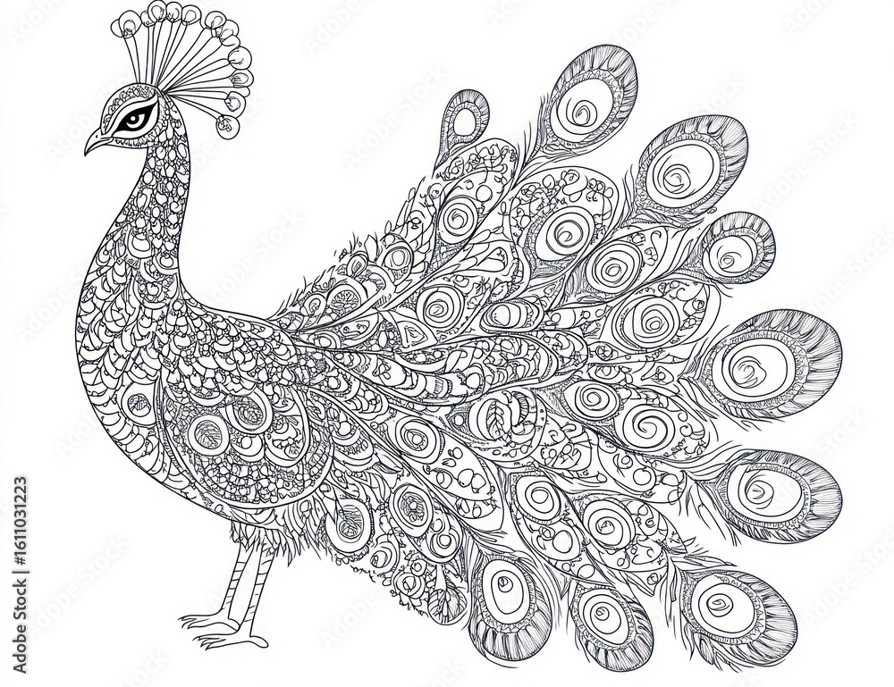 Fototapeta premium Ornate Peacock Illustration, Coloring Book Design, Background, Art, for Coloring