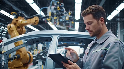 An automotive engineer uses a digital tablet for programming a robotic arm on a vehicle assembly line in a modern car factory.