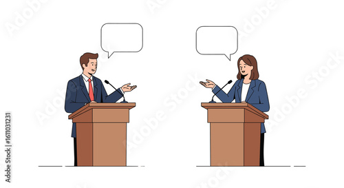 Political debate between two candidates standing at lecterns discussing public policy issues openly