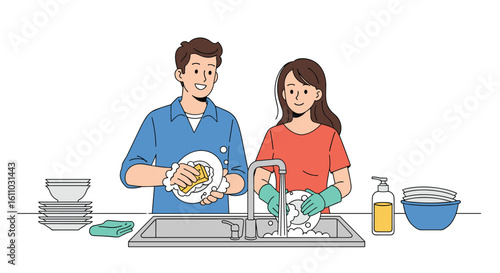 Young couple washing dishes together in a modern kitchen promoting teamwork and shared household responsibilities