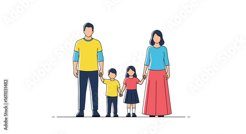 A happy family of four stands together holding hands representing unity and love