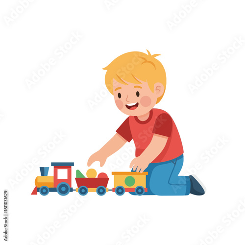little boy playing with toy train