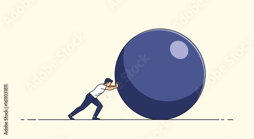 A determined person pushing a massive boulder uphill against resistance and gravity a symbol of hard work and perseverance