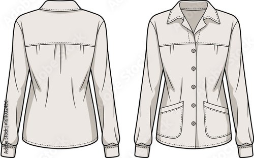 CAD drawing flat vector illustration of women’s shirt design, patch pockets, pleated yoke, button front, long  illustration of women’s shirt design, patch pockets, 