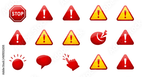 Set of glossy hazard warning signs isolated on white background for digital design
