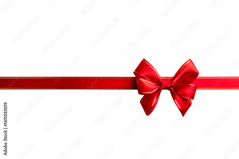 Vibrant red ribbon with a golden trim tied into a bow, horizontally isolated on white or transparent png for festive occasions. Vibrant red ribbon with a golden trim tied into a bow, horizontally isolated on white or transparent png for festive occasions.