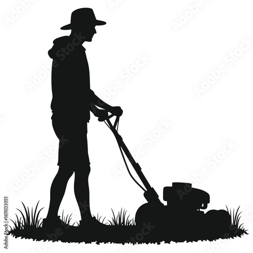 Man in hat mowing lawn with machine silhouette grass
