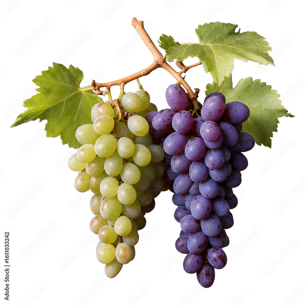Obraz premium A Bunch of Green and Purple Grapes, Attached to a Branch with Leaves, Isolated.