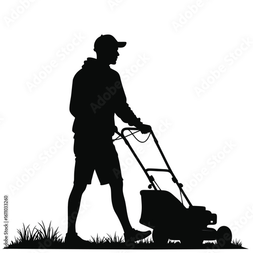 Man in cap pushing lawnmower cutting grass silhouette person