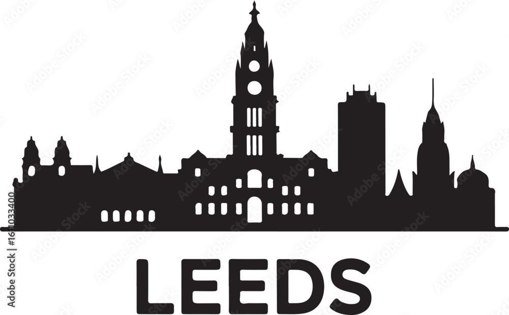 Fototapeta premium Black Skyline Vector of Leeds — Includes Town Hall and Modern Cityscape — Bold British Skyline Silhouette on White