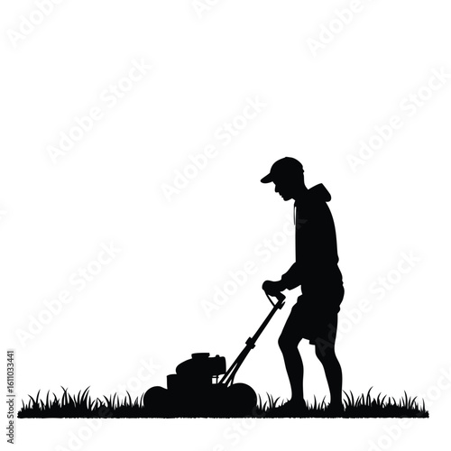 Man mowing grass with lawnmower silhouette person