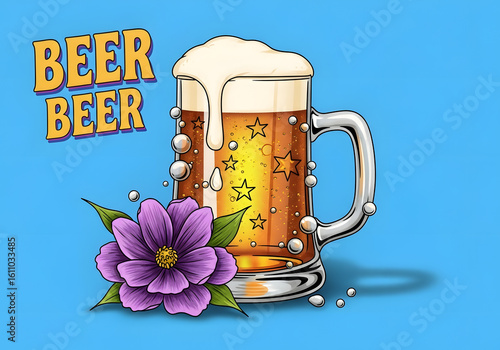 A colorful poster of a beer mug with a blue background and a purple flower. The poster has a fun and playful vibe, with the beer mug being the main focus